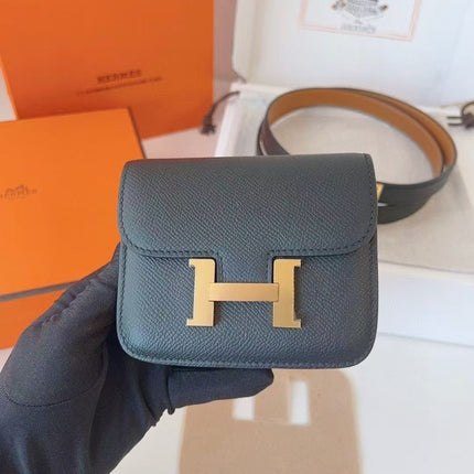 HM KELLY CONSTANCE SLIM WALLET BELT IN BLACK CALFSKIN GOLD HARDWARE