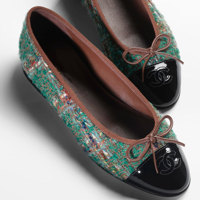 BALLET FLATS DARK GREEN BROWN TWEED