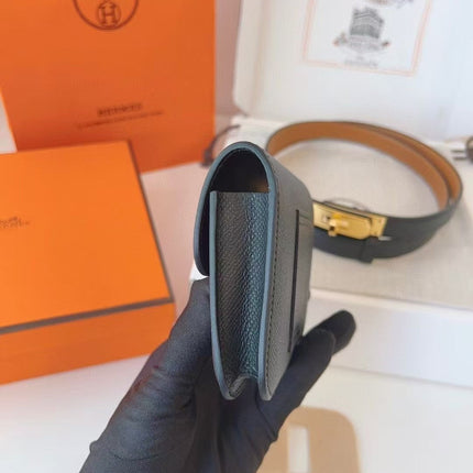 HM KELLY CONSTANCE SLIM WALLET BELT IN BLACK CALFSKIN GOLD HARDWARE