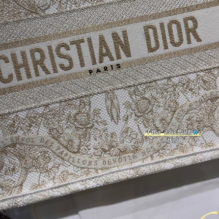 CD BOOK TOTE BAG 36 IN IVORY BEIGE EMBROIDERED CANVAS