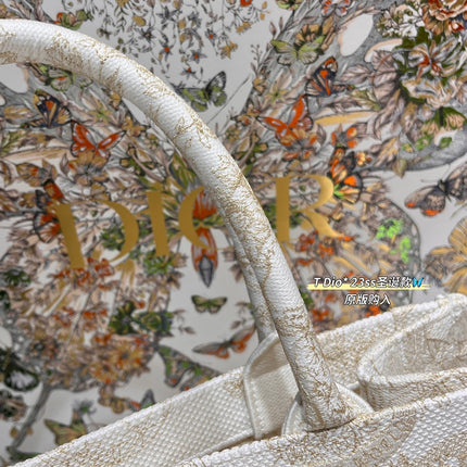 CD BOOK TOTE BAG 36 IN IVORY BEIGE EMBROIDERED CANVAS