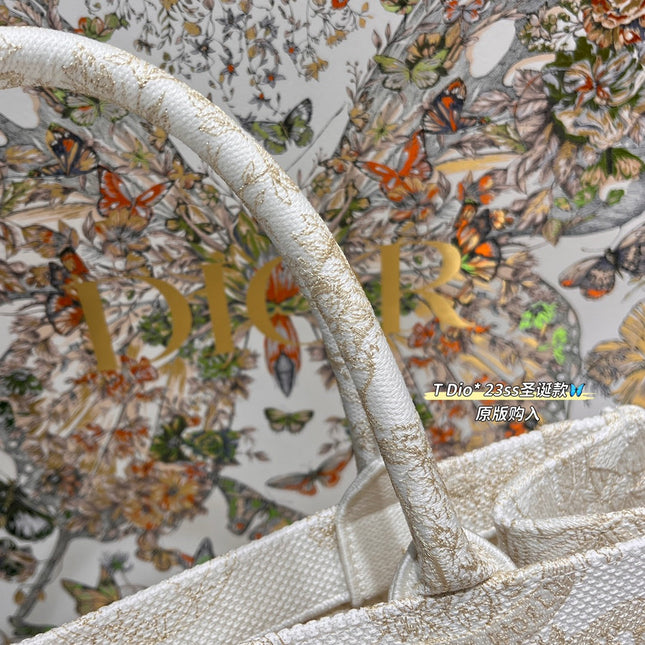 CD BOOK TOTE BAG 36 IN IVORY BEIGE EMBROIDERED CANVAS