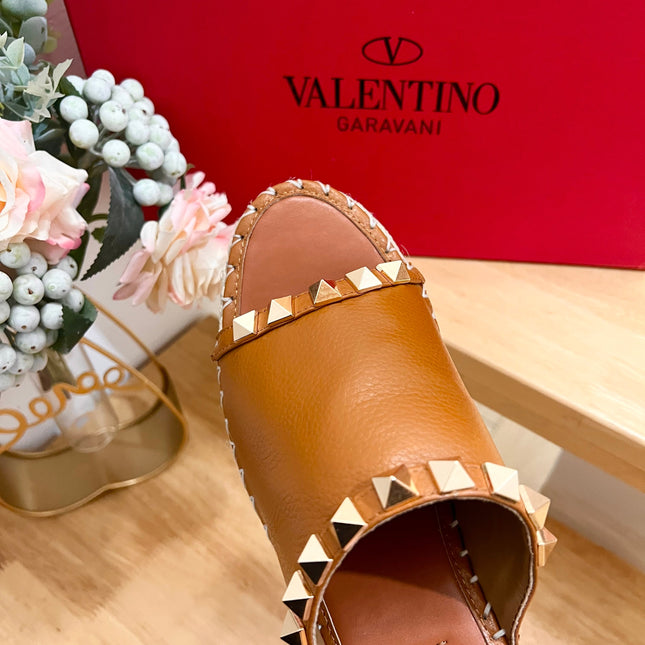LACE-UP WEDGE SANDALS IN BRONZE BROWN CALFSKIN WITH STUDS