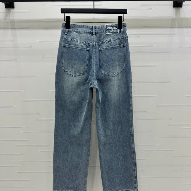 CHANEL HIGH-WAIST STRAIGHT-LEG DENIM PANTS