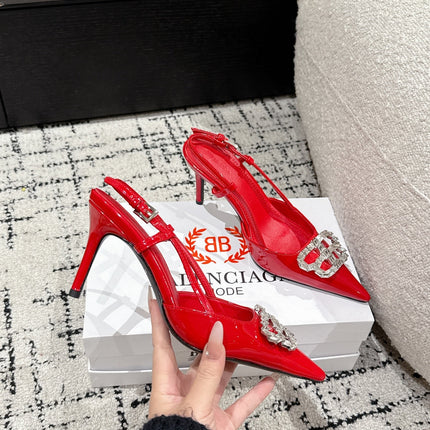 POINTED HIGH SLINGBACK IN RED PATENT CALFSKIN WITH CRYSTAL BUCKLE