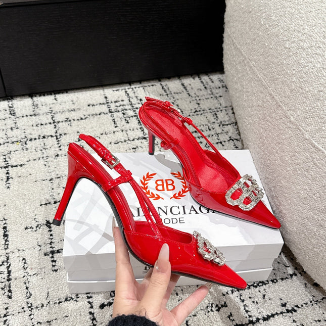 POINTED HIGH SLINGBACK IN RED PATENT CALFSKIN WITH CRYSTAL BUCKLE