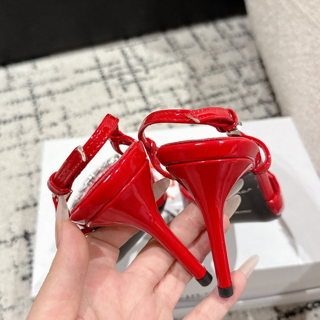 POINTED HIGH SLINGBACK IN RED PATENT CALFSKIN WITH CRYSTAL BUCKLE