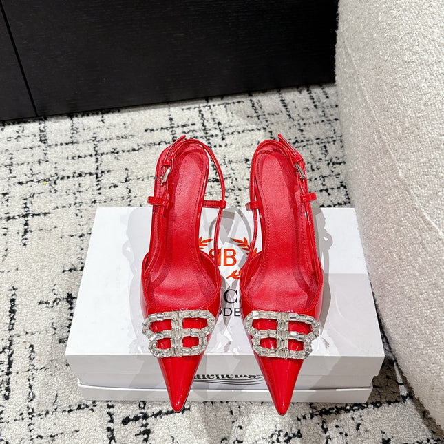 POINTED HIGH SLINGBACK IN RED PATENT CALFSKIN WITH CRYSTAL BUCKLE