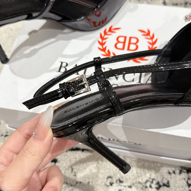 POINTED HIGH SLINGBACK IN BLACK PATENT CALFSKIN WITH CRYSTAL BUCKLE