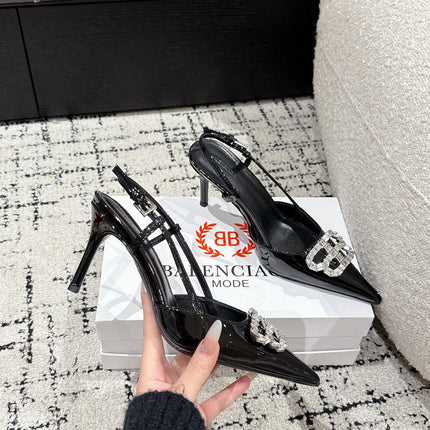 POINTED HIGH SLINGBACK IN BLACK PATENT CALFSKIN WITH CRYSTAL BUCKLE