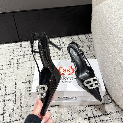 POINTED HIGH SLINGBACK IN BLACK PATENT CALFSKIN WITH CRYSTAL BUCKLE