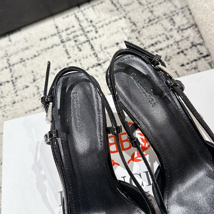 POINTED HIGH SLINGBACK IN BLACK PATENT CALFSKIN WITH CRYSTAL BUCKLE