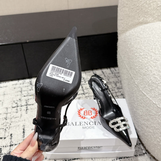 POINTED HIGH SLINGBACK IN BLACK PATENT CALFSKIN WITH CRYSTAL BUCKLE