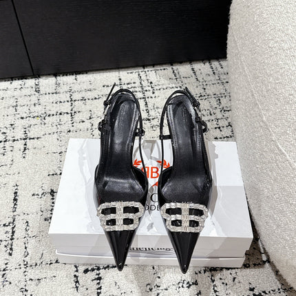 POINTED HIGH SLINGBACK IN BLACK PATENT CALFSKIN WITH CRYSTAL BUCKLE