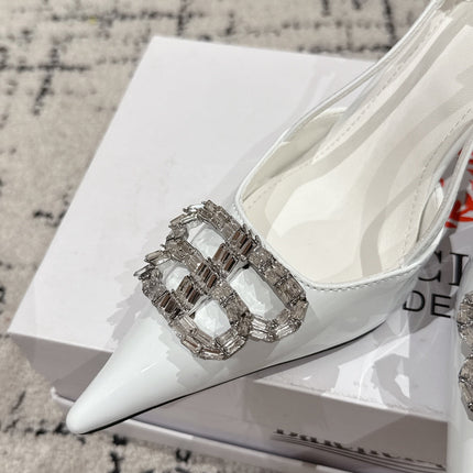 POINTED HIGH SLINGBACK IN WHITE PATENT CALFSKIN WITH CRYSTAL BUCKLE