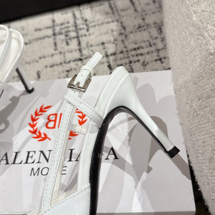 POINTED HIGH SLINGBACK IN WHITE PATENT CALFSKIN WITH CRYSTAL BUCKLE