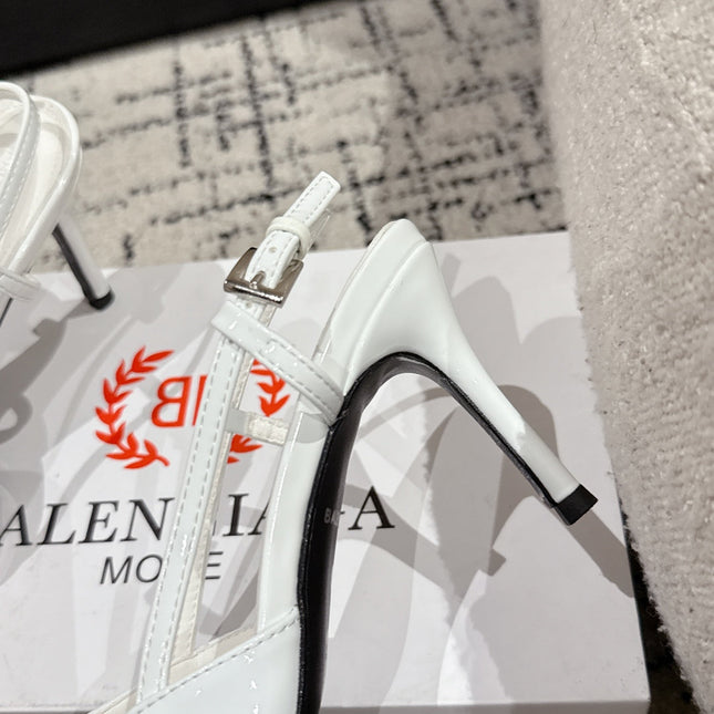 POINTED HIGH SLINGBACK IN WHITE PATENT CALFSKIN WITH CRYSTAL BUCKLE