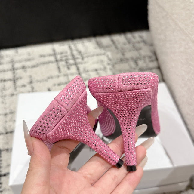 KNIFE 65MM HIGH MULE IN SHOCKING PINK SUEDE ATTACHED FULL CRYSTALS