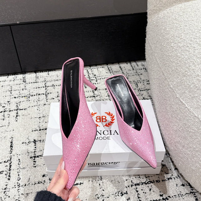 KNIFE 65MM HIGH MULE IN SHOCKING PINK SUEDE ATTACHED FULL CRYSTALS