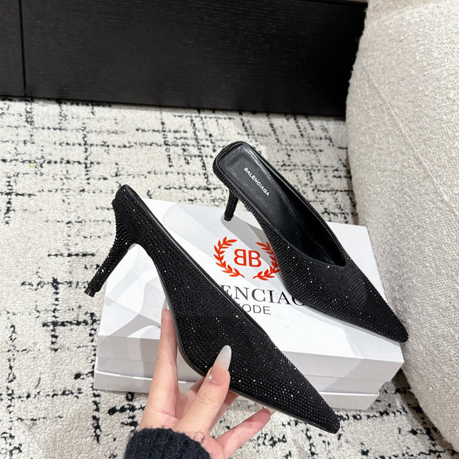 KNIFE 65MM HIGH MULE IN BLACK SUEDE ATTACHED FULL CRYSTALS