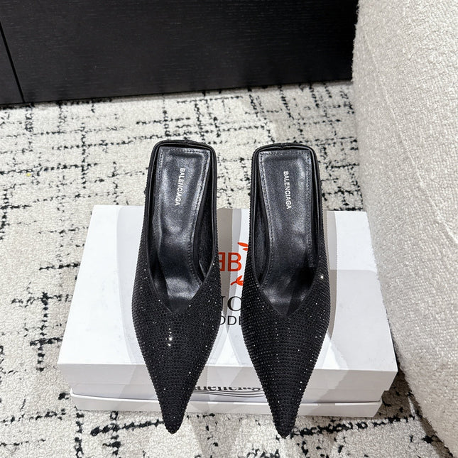 KNIFE 65MM HIGH MULE IN BLACK SUEDE ATTACHED FULL CRYSTALS