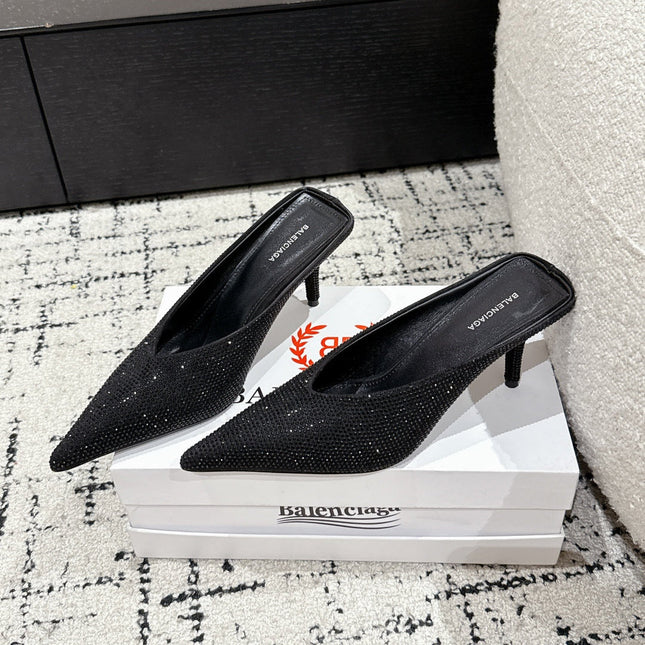 KNIFE 65MM HIGH MULE IN BLACK SUEDE ATTACHED FULL CRYSTALS