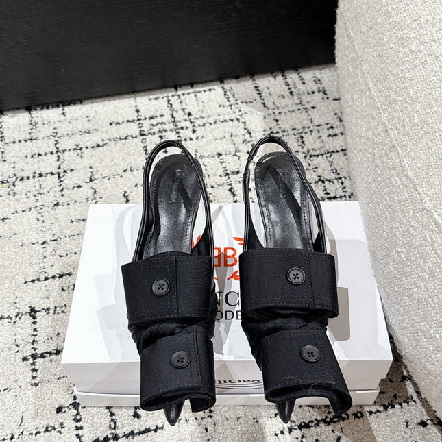 KNIFE CHEMISE 45MM SLINGBACK IN BLACK COTTON AND CALFSKIN