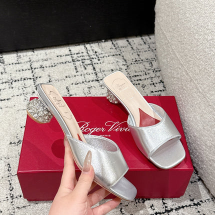 ROGER VIVIER 25S CRYSTAL HEEL MULE IN SILVER CALFSKIN