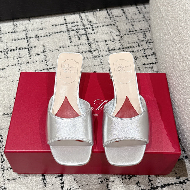 ROGER VIVIER 25S CRYSTAL HEEL MULE IN SILVER CALFSKIN