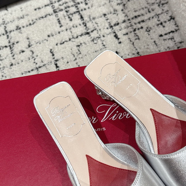 ROGER VIVIER 25S CRYSTAL HEEL MULE IN SILVER CALFSKIN