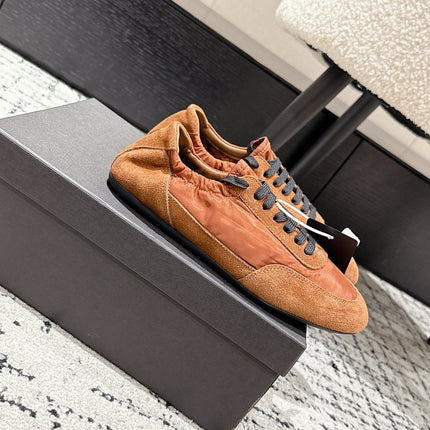 PRADA 25S COLLAPSE SNEAKERS IN BURNT ORANGE RE NYLON AND SUEDE
