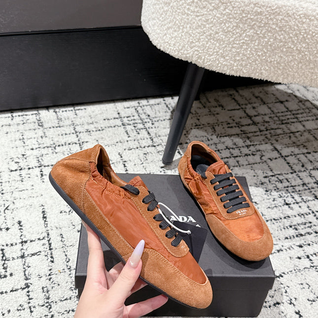 PRADA 25S COLLAPSE SNEAKERS IN BURNT ORANGE RE NYLON AND SUEDE