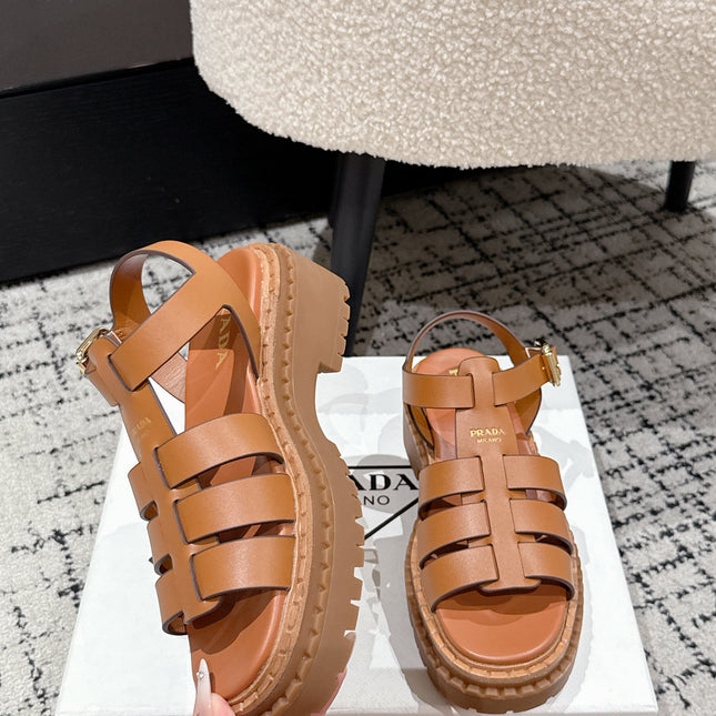 PRADA 25S FISHERMAN OPEN TOE SANDALS IN BURNT ORANGE CALFSKIN