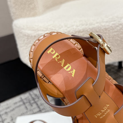 PRADA 25S FISHERMAN OPEN TOE SANDALS IN BURNT ORANGE CALFSKIN