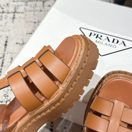 PRADA 25S FISHERMAN OPEN TOE SANDALS IN BURNT ORANGE CALFSKIN