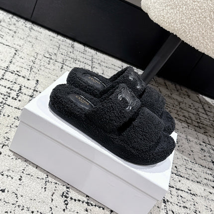 CELINE 25S SLIDES TRIOMPHE IN BLACK SPONGE FABRIC