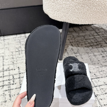 CELINE 25S SLIDES TRIOMPHE IN BLACK SPONGE FABRIC