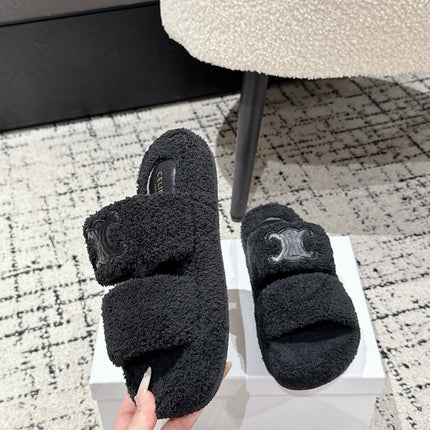 CELINE 25S SLIDES TRIOMPHE IN BLACK SPONGE FABRIC