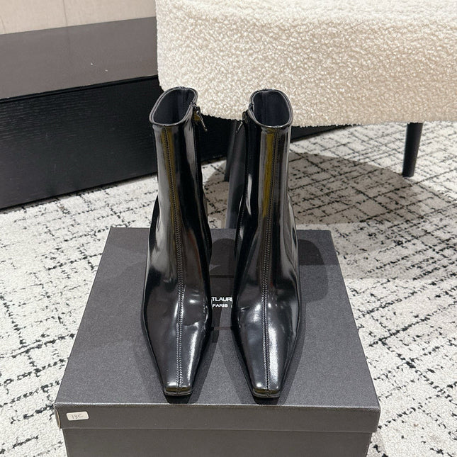 YSL 25S HEELED ANKLE BOOTS 70 MM IN BLACK LAMBSKIN