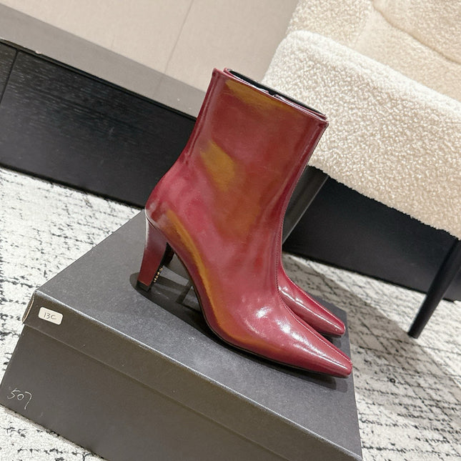 YSL 25S HEELED ANKLE BOOTS 70 MM IN WINE RED SHINY LAMBSKIN