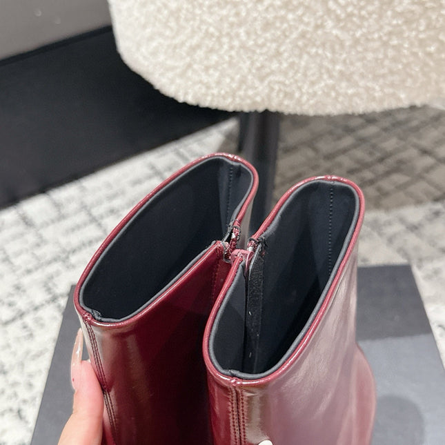 YSL 25S HEELED ANKLE BOOTS 70 MM IN WINE RED SHINY LAMBSKIN