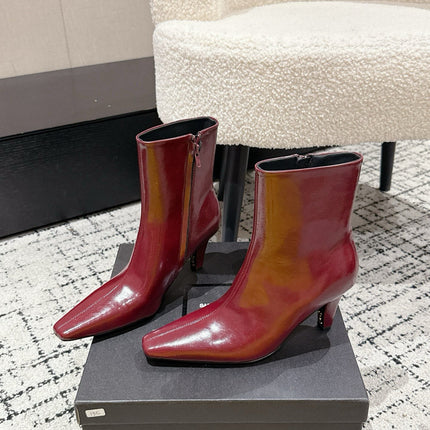 YSL 25S HEELED ANKLE BOOTS 70 MM IN WINE RED SHINY LAMBSKIN