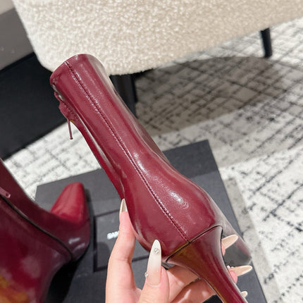 YSL 25S HEELED ANKLE BOOTS 70 MM IN WINE RED SHINY LAMBSKIN