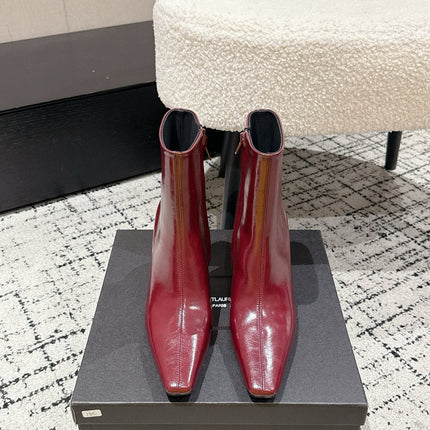 YSL 25S HEELED ANKLE BOOTS 70 MM IN WINE RED SHINY LAMBSKIN