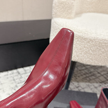 YSL 25S HEELED ANKLE BOOTS 70 MM IN WINE RED SHINY LAMBSKIN