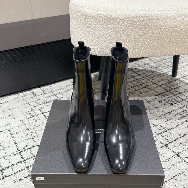 YSL 25S HEELED ANKLE BOOTS 70 MM IN BLACK SHINY LAMBSKIN
