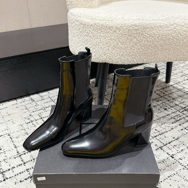 YSL 25S HEELED ANKLE BOOTS 70 MM IN BLACK SHINY LAMBSKIN