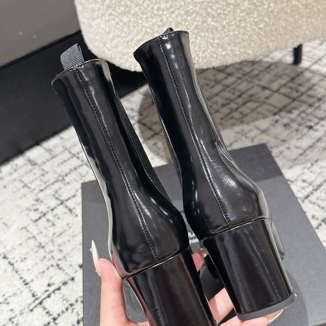 YSL 25S HEELED ANKLE BOOTS 70 MM IN BLACK SHINY LAMBSKIN