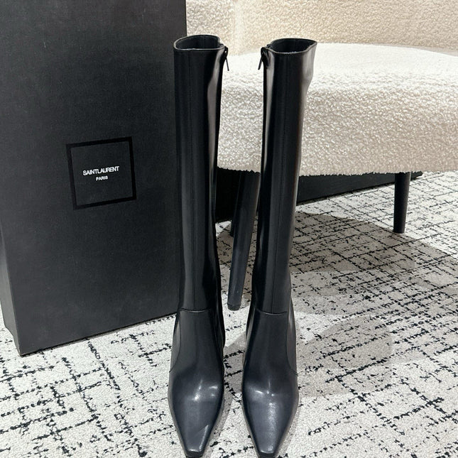 YSL 25S PLATFORM KNEE-HIGH BOOTS 70 MM IN BLACK LAMBSKIN