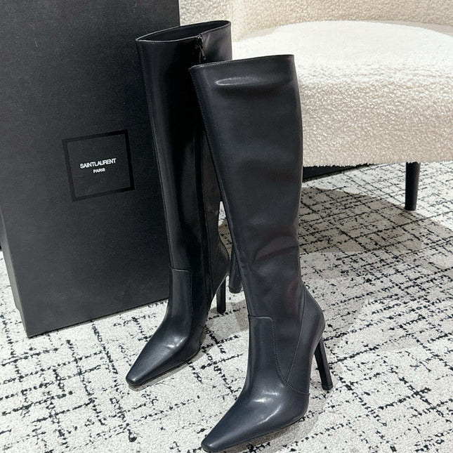 YSL 25S PLATFORM KNEE-HIGH BOOTS 70 MM IN BLACK LAMBSKIN